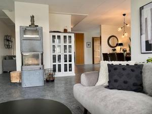 哥德堡Villalägenhet i Askim med havsutsikt的带沙发和壁炉的客厅