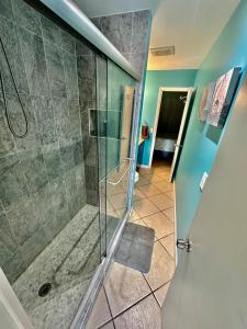 拿撒勒Relaxing 1bed 1bath Villa In Downtown Red Hook!的浴室里设有玻璃门淋浴