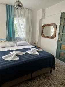 塞费里希萨尔Apelles Butik Otel的一间卧室配有蓝色的床和毛巾