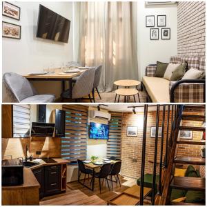 大特尔诺沃ApartPro Apartments, Veliko Tarnovo的客厅以及带桌椅的客厅。