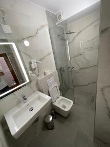 波格拉德茨Hotel Belvedere的一间带水槽、卫生间和淋浴的浴室