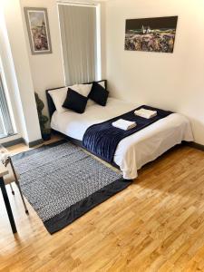 伦敦White chapel Holiday 2 Bedroom Apartment的一间卧室配有一张床,床上铺有地毯