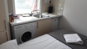 伦敦30 willesden lane的一个带水槽和洗衣机的小厨房