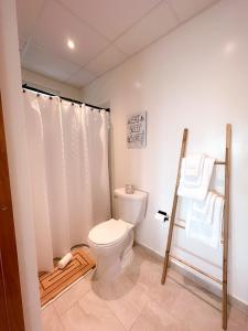 林康Tres Palmas by La Cambija的一间带卫生间和淋浴帘的浴室