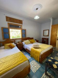 舍夫沙万Hôtel Al Kalaa的一间卧室设有两张床和窗户。