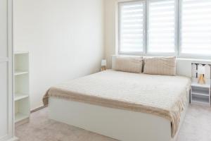 普沃茨克Apartament centrum的白色的卧室设有床和窗户