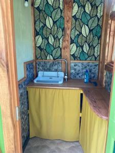 WilpEcostay de Wildernis的浴室配有带水槽的黄色桌子