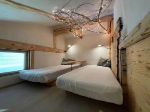 迈尔霍芬Backyard Mountain Hostel的一间卧室配有两张床和吊灯。