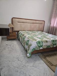 El AouinaBattouta22的一间卧室配有一张带绿色和白色棉被的床