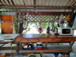 古达乌塔Отель Домик у реки Хипста的厨房配有带微波炉的木桌