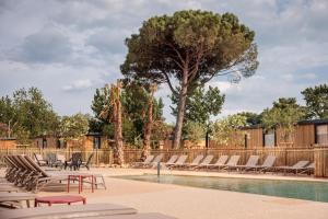 勒格劳德阿格德Beach Resort Agde的一个带躺椅的游泳池以及一棵树