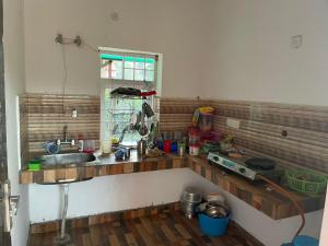 TāoruGreenwood Stay的厨房配有柜台、水槽和窗户