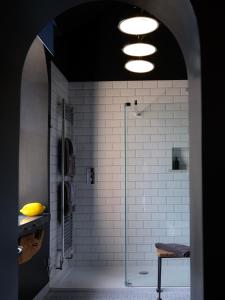 贝图瑟科伊德Alpine Apartments Snowdonia的带淋浴的浴室和玻璃门