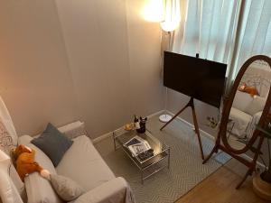 大邱DDUBLE Square的客厅配有白色沙发和平面电视。