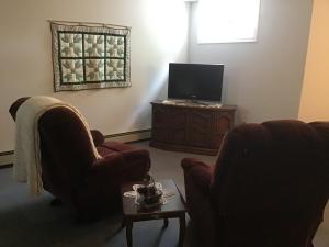萨默赛德Guest Suites at Willowgreen Farm的客厅配有两把椅子和电视