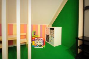 亚诺维茨Czarna Dama Apartamenty的小房间设有绿色墙壁和冰箱