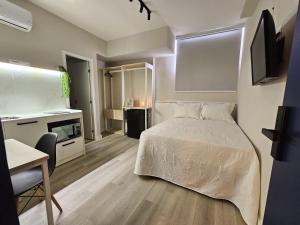 圣保罗Apê Metrô Paraíso的一间卧室配有一张床、一张书桌和一台电视