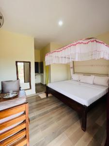 Tsavo West National ParkLake Jipe Eco Lodge的一间卧室配有一张带天蓬的床