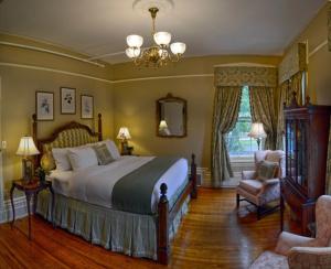 日内瓦湖Maxwell Mansion Hotel的一间卧室配有一张床、一把椅子和一个吊灯。