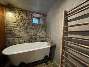 Saint-Didier-sur-BeaujeuMaison Vigneron - Maison et Studio - BY PRIMO C0NCIERGERIE的带浴缸的浴室和石墙