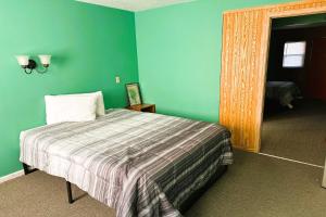 KadokaLove Hotels Badlands National Park at Kadoka SD的一间卧室设有一张床和绿色的墙壁