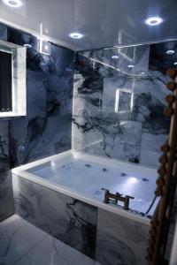 Lumiere luxury apartment的带浴缸和大理石墙的浴室