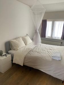 韦斯特多珀Aangename en zeer rustig gelegen vakantiewoning的一间卧室配有一张带天蓬的白色床