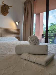 坎加斯-德奥尼斯Apartamentos Rurales El Mirador de San Juan的一间卧室配有一张床,床上有毛巾