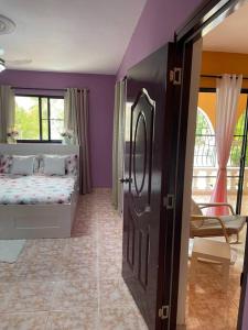 博卡奇卡Casa Francesca的卧室设有紫色墙壁、床和窗户