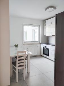 克拉科夫Apartment Szwed-Sniadowskiej Residence的厨房配有桌椅和窗户。