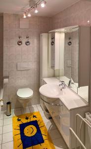 新勃兰登堡Ferienwohnung Kranichnest的一间带水槽、卫生间和镜子的浴室