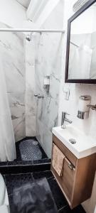 墨西哥城C.-Habitación con baño privado / Centro de Coyoacan的带淋浴、水槽和镜子的浴室