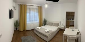 HuşiVila RAA Huși的一间卧室配有一张床、一张桌子和一个窗户。