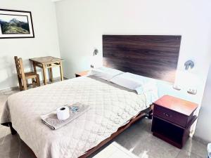 La ApachetaHOTEL DORADO AREQUIPA的一间卧室配有一张大床和木制床头板