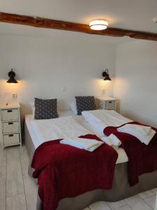 阿里尔德Vingården i Arild的一间卧室配有两张带红白毯子的床
