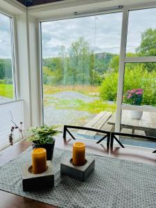 TjørhomFlott leilighet på Haugen i Sirdal的客厅设有大窗户和桌子