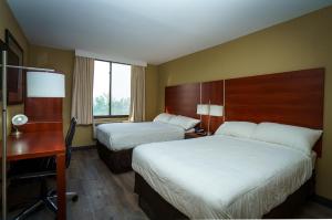 皇后区Sky Hotel Flushing/Laguardia Airport的酒店客房配有两张床和一张书桌