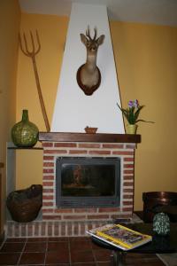 Santa Olaja de la VegaCasa Rural La Calceta的客厅设有砖砌壁炉,墙上有鹿角
