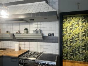 克罗斯诺Happy 4的厨房配有炉灶和瓷砖墙。