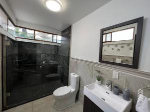 瓦哈卡市Casa Embi Oaxaca的浴室配有卫生间、盥洗盆和淋浴。