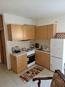 尼亚·蒙达尼亚Πλήρως εξοπλισμένο διαμέρισμα.的厨房配有木制橱柜和白色冰箱。
