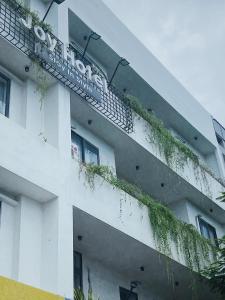 绥和市Joy Hotel Phú Yên的白色的建筑,旁边是植物