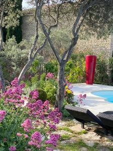 戈尔德马斯德拉博美旅馆的种有长凳、鲜花和树的花园