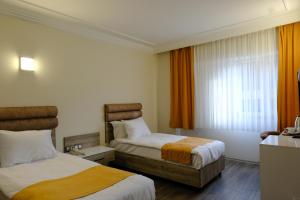 开塞利Anatolia Park Hotel的酒店客房设有两张床和窗户。