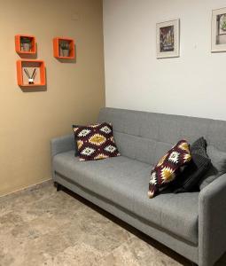 科尔多瓦Apartamento La Rosa - RECIÉN REFORMADO的客厅配有带两个枕头的灰色沙发