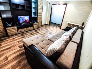 巴甫洛达尔Уютная трёхкомнатная квартира的带沙发和平面电视的客厅