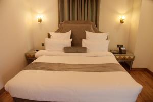 拉合尔The Rich Hotel & Apartments的酒店的客房 - 带2张带白色枕头的床