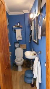 美洲海滩Suites Beach House的蓝色的浴室设有卫生间和水槽