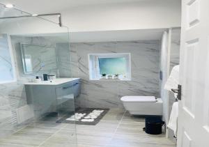 KentLuxury New Home的白色的浴室设有水槽和卫生间。