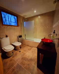 乌斯怀亚LengaUsh的一间带卫生间和红色盥洗盆的浴室